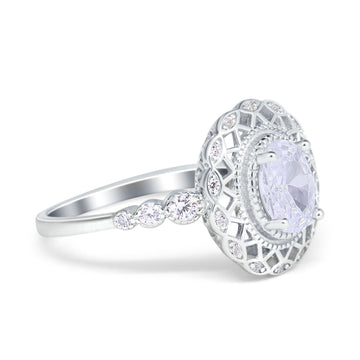 Oval Vintage Art Deco Halo Wedding Engagement Bridal Ring Round Simulated Cubic Zirconia 925 Sterling Silver
